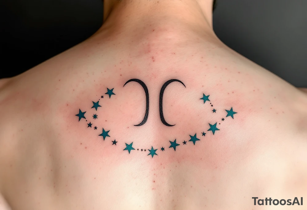 A minimalist Virgo zodiac sign in burnt sienna is followed by a sweeping arc of teal stars forming the constellation. tattoo idea