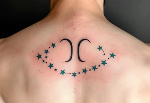 A minimalist Virgo zodiac sign in burnt sienna is followed by a sweeping arc of teal stars forming the constellation. tattoo idea