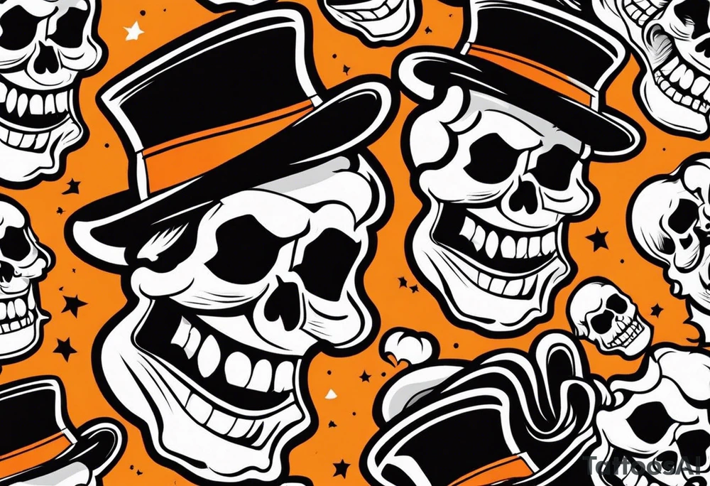 skull laughing black and orange tattoo idea
