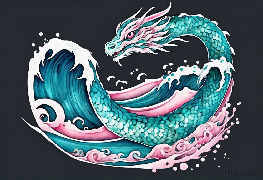 a turquoise and white and pink sea serpent with beautiful eyes rising from the blue waves of the ocean tattoo idea