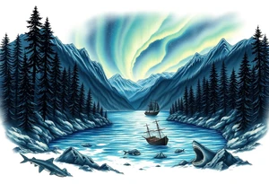 forest mountains under the northen lights with sharks and shipwrecks. Contain everything in the shape of Africa tattoo idea