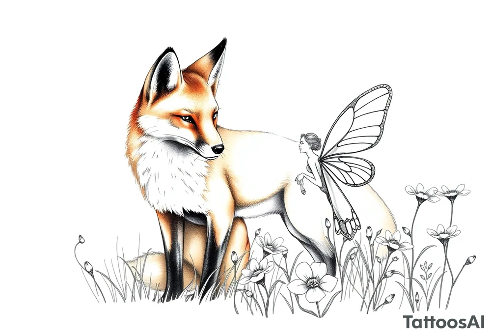 Fox with a fairy standing close to it  holding a emerild jem in a field of lillys tattoo idea