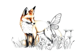 Fox with a fairy standing close to it  holding a emerild jem in a field of lillys tattoo idea