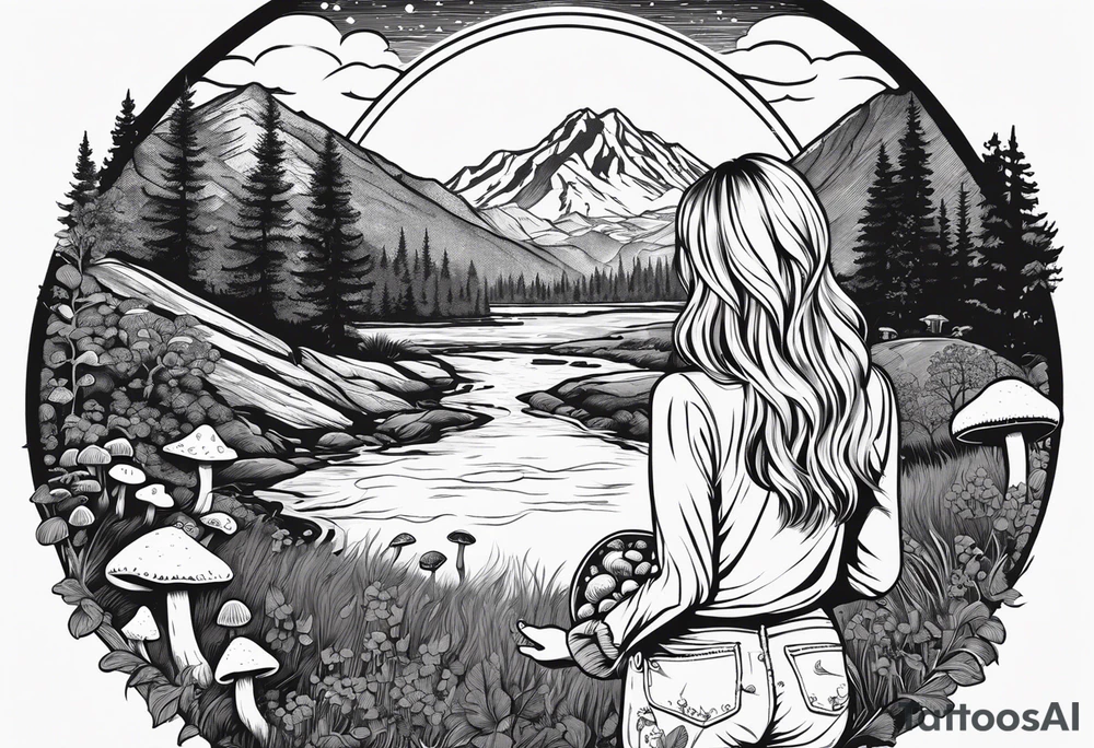 Whole picture encircled fully

Straight long blonde hair hippie girl in distance holding mushrooms in hand facing away toward mountains and creek surrounded by mushrooms long sleeve shirt and hiking pants; whole rendering within a full circle, no cut off circle tattoo idea
