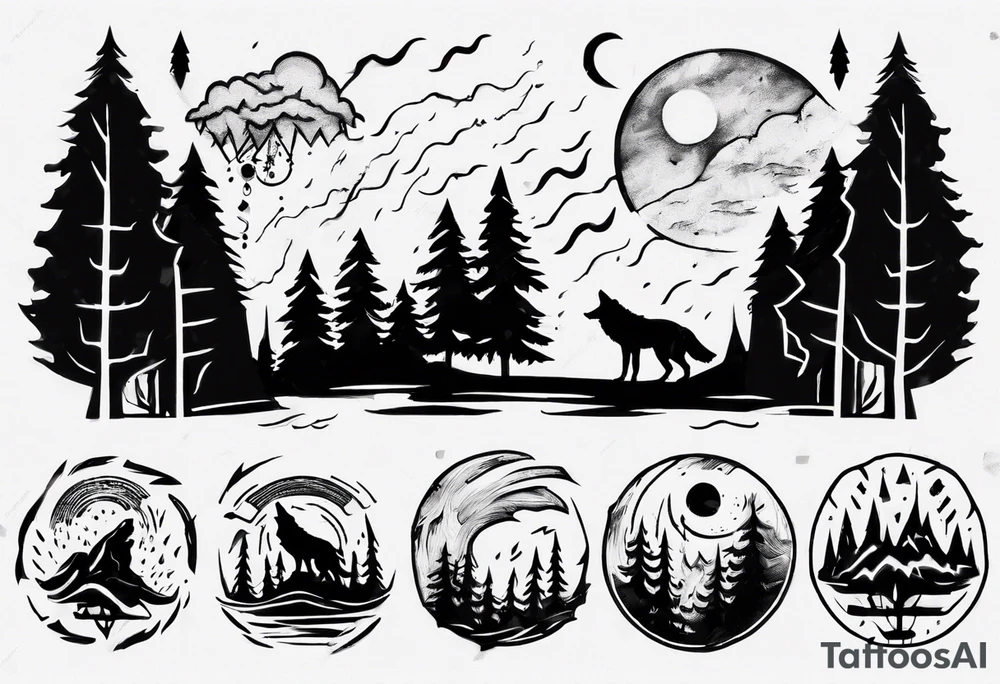 thunderstorm over a forest with a wolf howling on drums tattoo idea thunderstorm over a forest with a wolf howling on drums tattoo idea