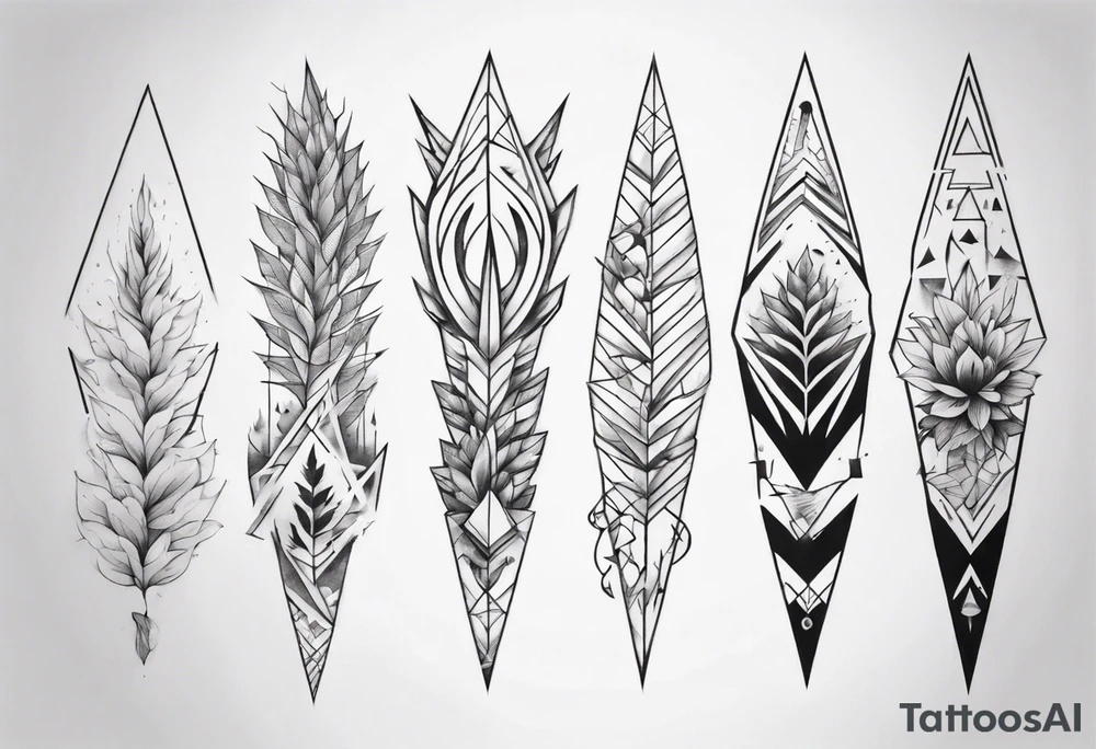 full arm tattoo. pointy leaves combined with geometric shapes. whole arm tattoo idea