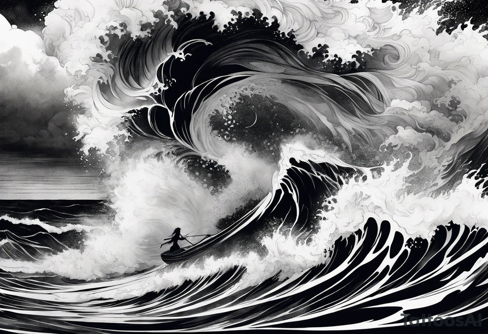 stormy sea waves, full-length woman in the middle of the storm tattoo idea