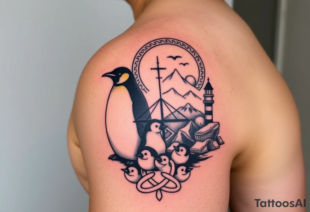half sleeve compilation outlining important things in my life such as one adult emperor penguin and 3 baby penguins, celtic trinity knot, lighthouse, mountains/nature, the green bay packers, and something to represent my 3 boys tattoo idea