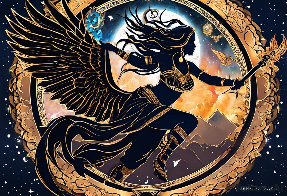 black kali, goddess pirate, alien, angel, pachamama, valkrye, warrior, flying, skull, lotus azul, wing, eagle, zenza resonance, stars, 5D, anahata chakra, death, durga, riding on a tiger, flying lady tattoo idea