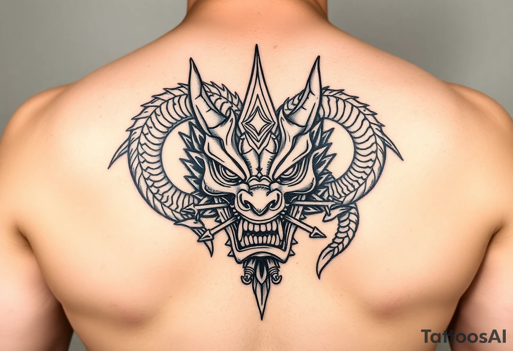 Divine dragon wrapped around a evil oni mask tattoo idea