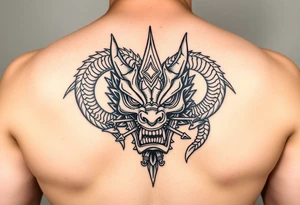 Divine dragon wrapped around a evil oni mask tattoo idea