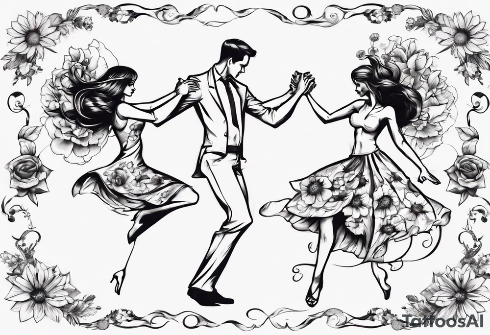 Dancing guy and girl into a flower tattoo idea
