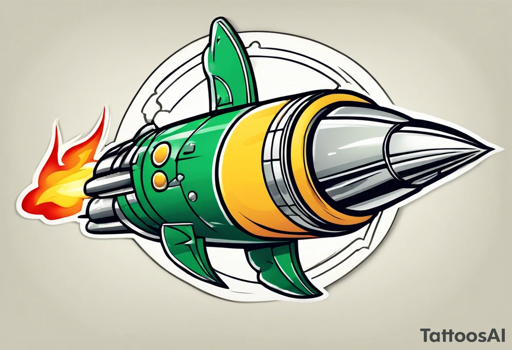 Super simple cartoon rocket ship with a round window, 3 fins, and fire coming out the bottom

Add some shading and detail to make less basic

Use only green, yellow, silver, blue. tattoo idea
