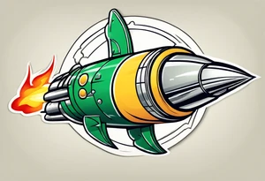 Super simple cartoon rocket ship with a round window, 3 fins, and fire coming out the bottom

Add some shading and detail to make less basic

Use only green, yellow, silver, blue. tattoo idea