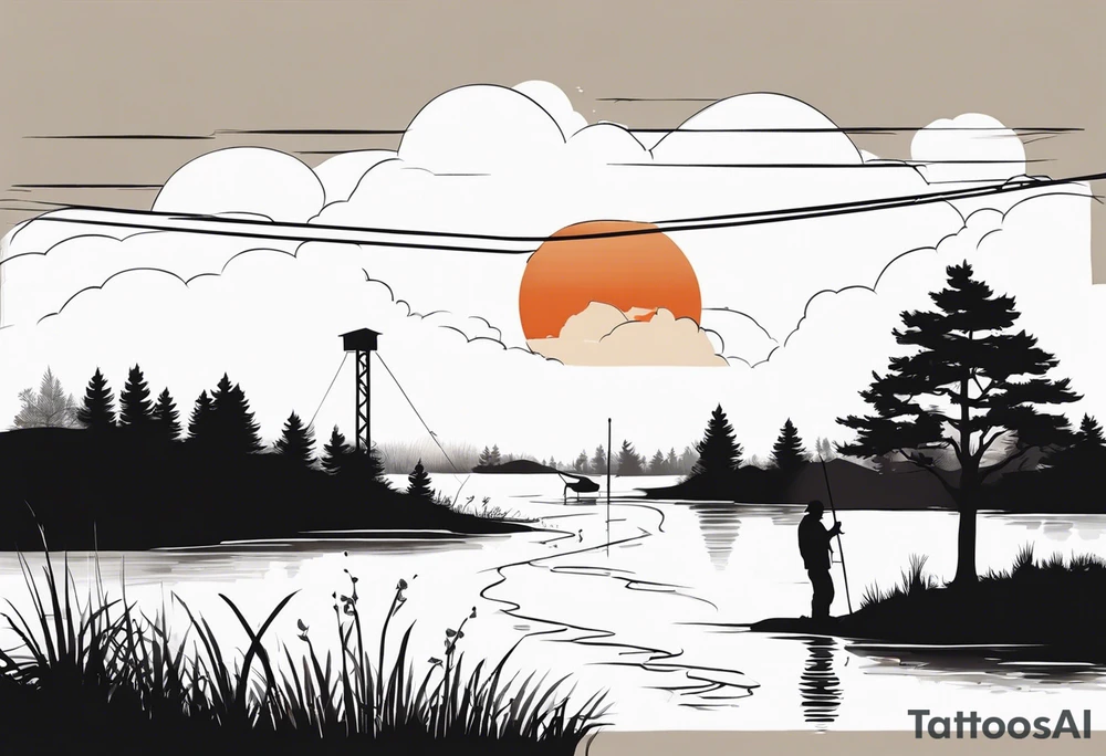 silhouette of landscape and fishingpole tattoo idea