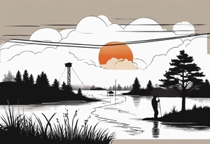 silhouette of landscape and fishingpole tattoo idea