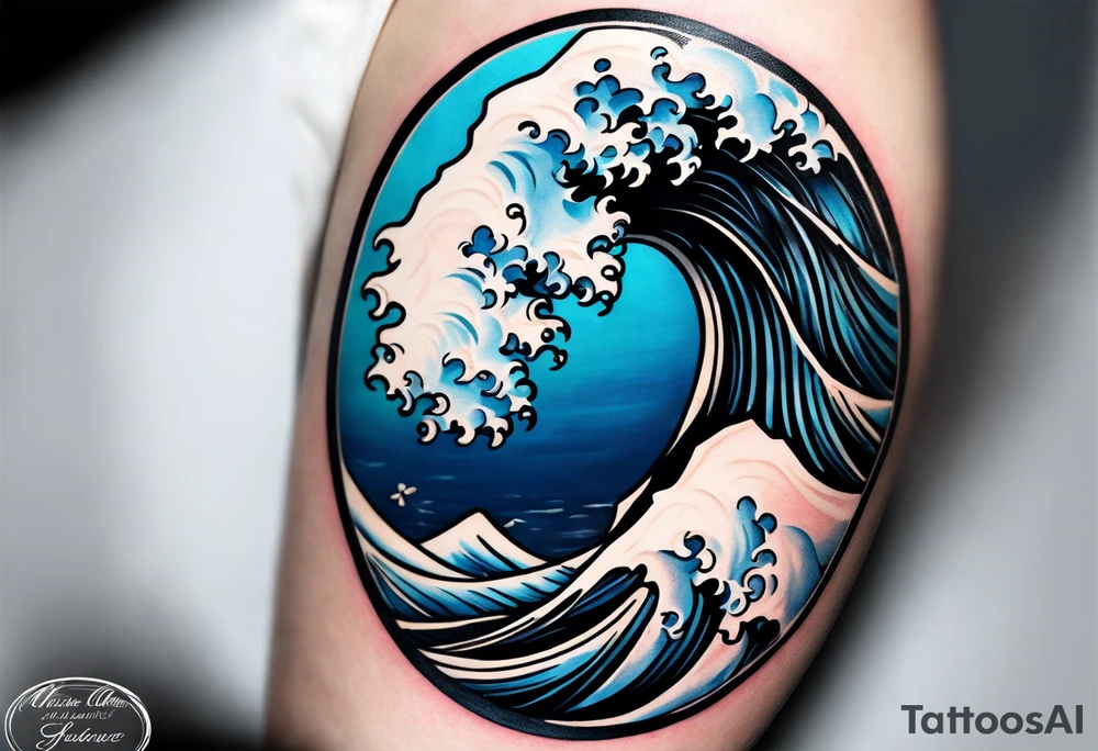 wave  "come what may" written underneath in cursive outside forearm not an oval tattoo idea