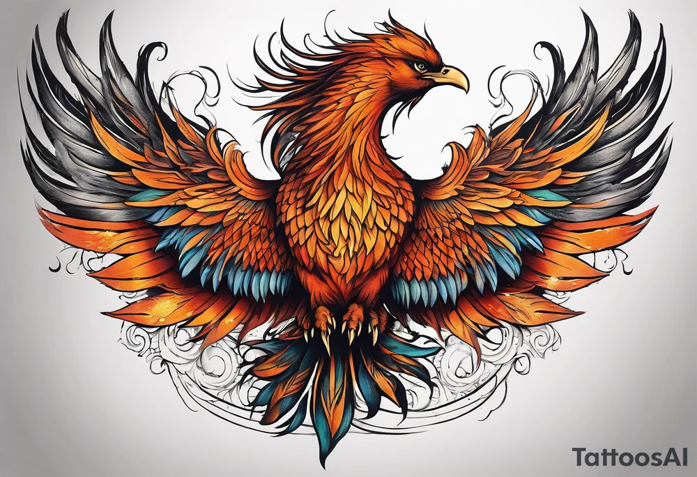 Tattoo: A powerful, majestic phoenix, depicted mid-flight or rising, with wings extended and feathers flowing. Deep shading and intricate details to bring out the texture and motion of the feathers. Style: Micro realism. tattoo idea