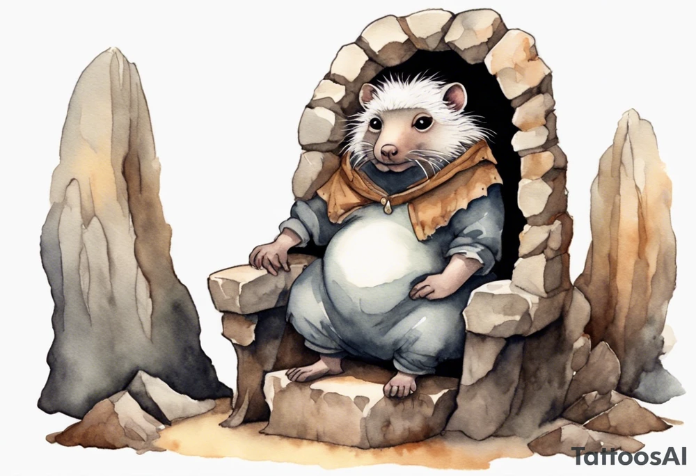 a solitary fat female mole with skin covered in short white fur with brown dreadlocks and big eyes sitting in stone throne in a cave tattoo idea