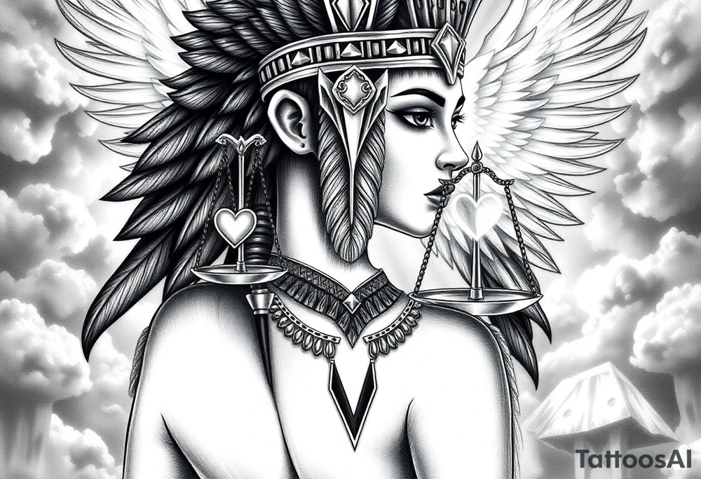 Beautiful Egyptian goddess with a curvy sexy body. She is a regal woman with an ostrich feather headdress, and intricate ancient Egyptian jewelry such as the Anhk necklace. Background includes something similar to heaven. Incorporate the Scales of Justice—one side holding a heart, the other Ma’at’s feather—glowing with ethereal energy. Emphasize dramatic lighting, deep shadows, and surreal, mystical atmosphere tattoo idea