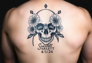 Masculine skull with daisies and diamonds with the name Scarlett on it and the date 4/1/24 tattoo idea