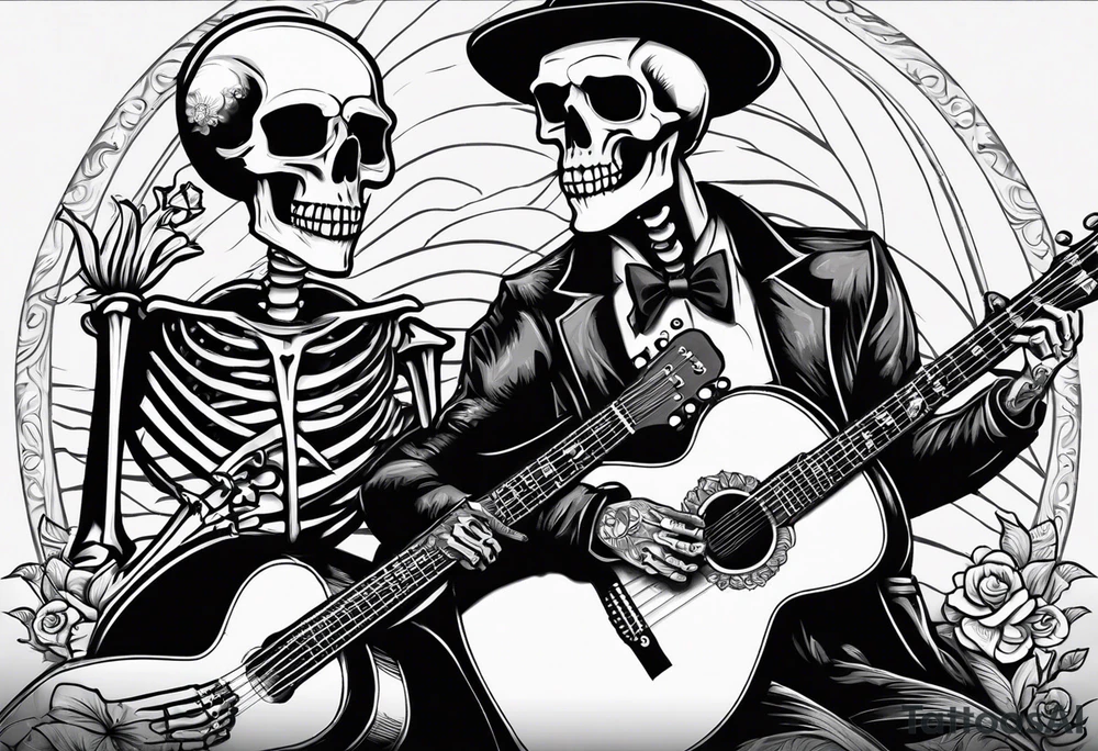a male and a female skeleton. The male skeleton is playing the guitar. The female skeleton has a hibiscus flower. The female is not playing a guitar. tattoo idea