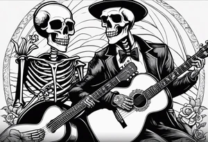 a male and a female skeleton. The male skeleton is playing the guitar. The female skeleton has a hibiscus flower. The female is not playing a guitar. tattoo idea