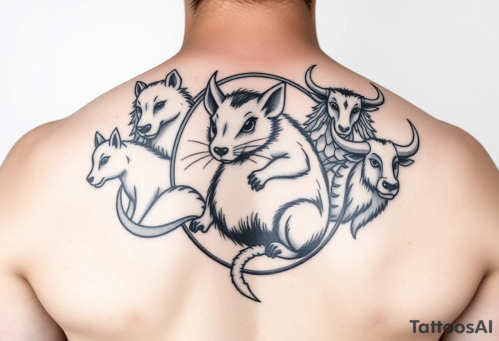 Japanese style tattoo consisting zodiac animals: rat(in the middle) with dog, goat, and ox surrounding the rat dressed up Samurai warrior style in a circular formation on the left of back tattoo idea