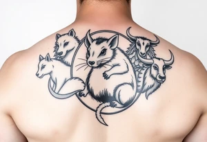 Japanese style tattoo consisting zodiac animals: rat(in the middle) with dog, goat, and ox surrounding the rat dressed up Samurai warrior style in a circular formation on the left of back tattoo idea