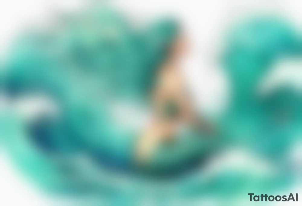 a beautiful chubby turquoise mermaid emerging from an ocean wave, crashing onto the shore tattoo idea