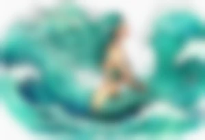 a beautiful chubby turquoise mermaid emerging from an ocean wave, crashing onto the shore tattoo idea