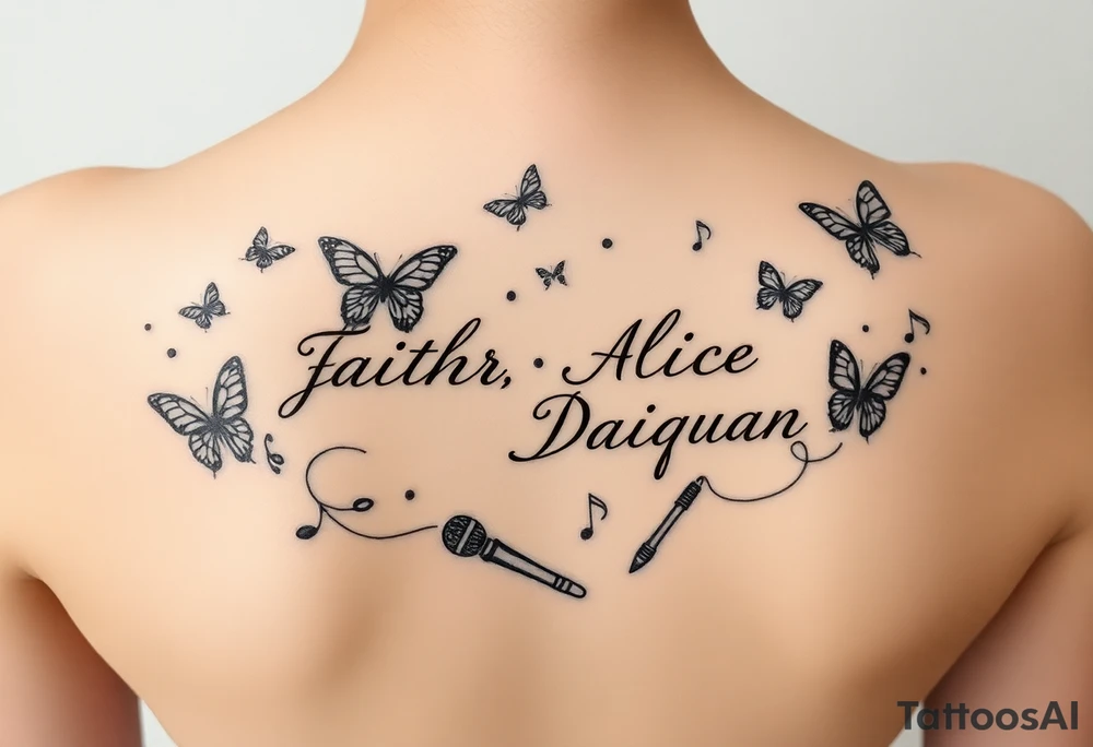 Names: Faith Alice Ida Daiquan surrounded with butterflies, musical notes, needle and thread, microphone and drumstick tattoo idea