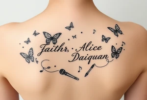 Names: Faith Alice Ida Daiquan surrounded with butterflies, musical notes, needle and thread, microphone and drumstick tattoo idea