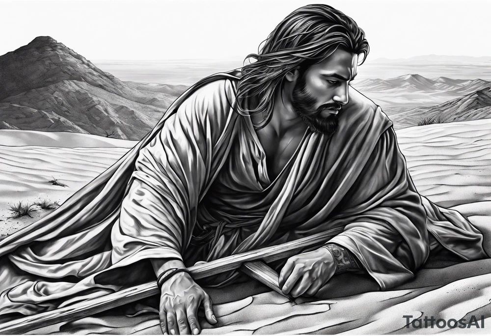 man crawling in a desert reaching to the cross of Christ tattoo idea