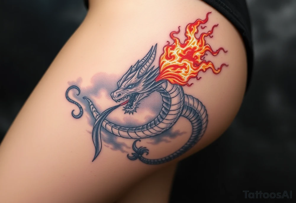 fierce dragon breathing iridescent fire against stormy skies tattoo idea