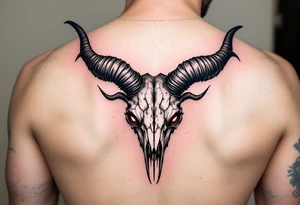 Demonic goat head – A heavily detailed goat skull with twisted horns, glowing red eyes, and blackened bone texture, in dark gray and deep crimson. tattoo idea
