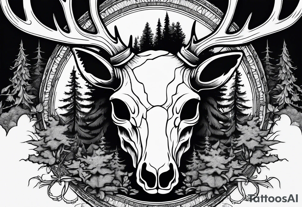 A SCARY side view of a decayed deer skull NO SKIN JUST BONE surrounded by a forest fire in background tattoo idea