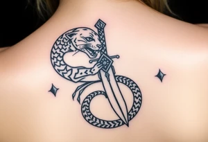 mystical panther coiled around an ancient dagger with jeweled hilt tattoo idea