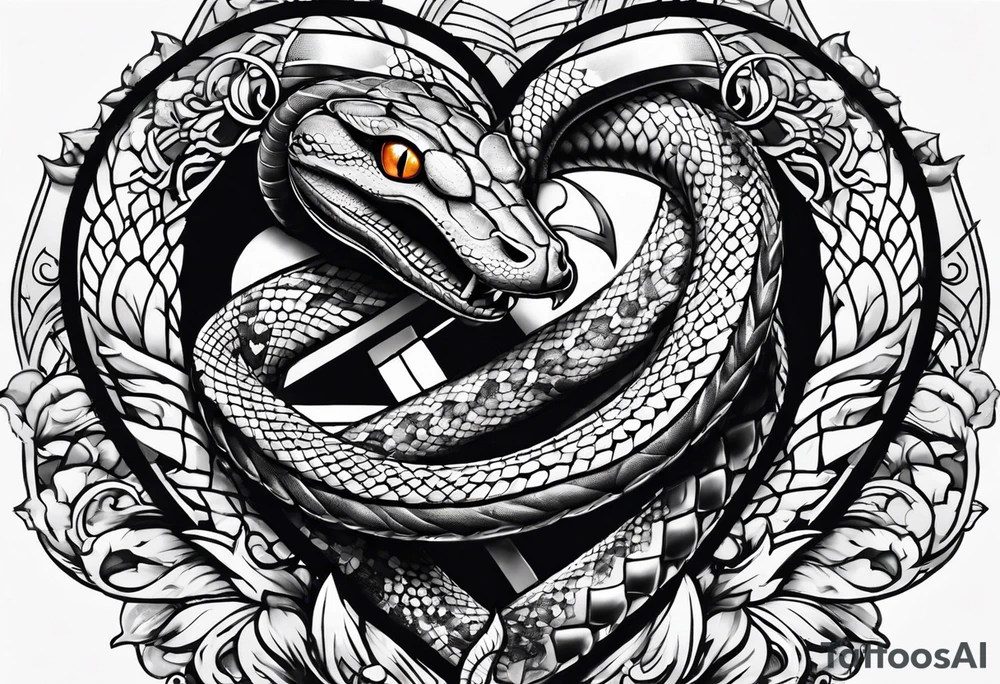 half sleeve tattoo with a snake wrapped around a sword and a heart tattoo idea