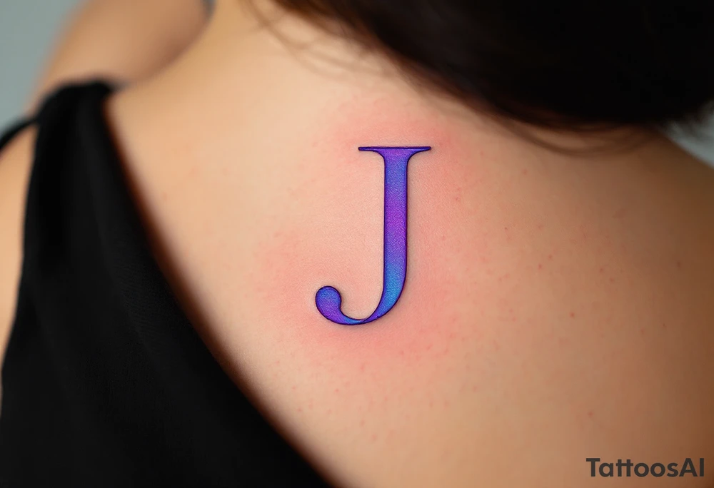 Sharp geometric "J" in purple with sleek, modern lines and cyan shadows. tattoo idea