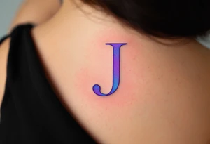 Sharp geometric "J" in purple with sleek, modern lines and cyan shadows. tattoo idea
