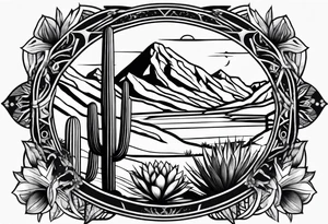 Forearm vertical, cactus, mountain, 2 hikers tattoo idea