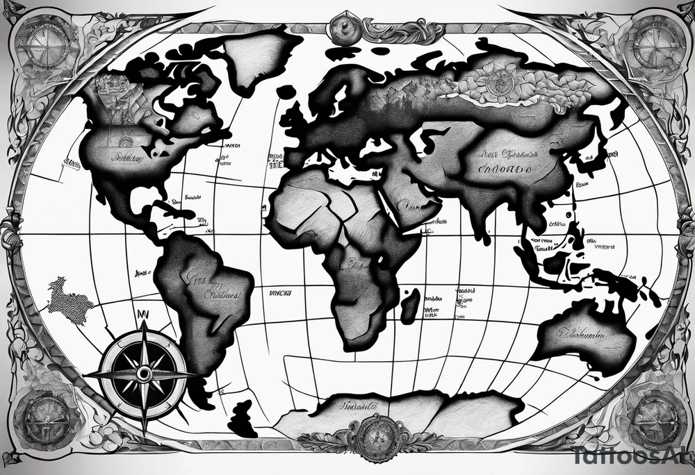 Map world with compass tattoo idea