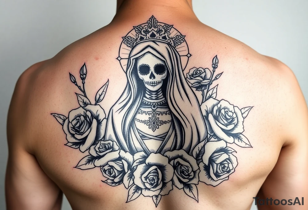 Santa muerte surrounded by roses tattoo idea