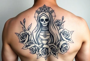 Santa muerte surrounded by roses tattoo idea