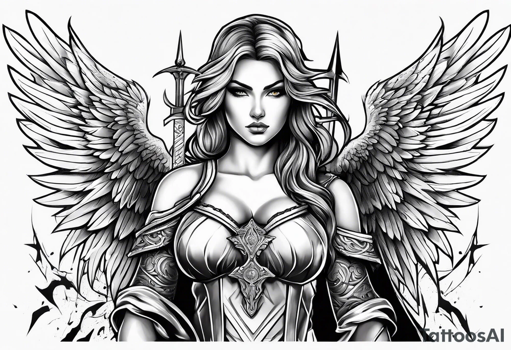 Female angel with sword lightning and lightning eyes tattoo idea