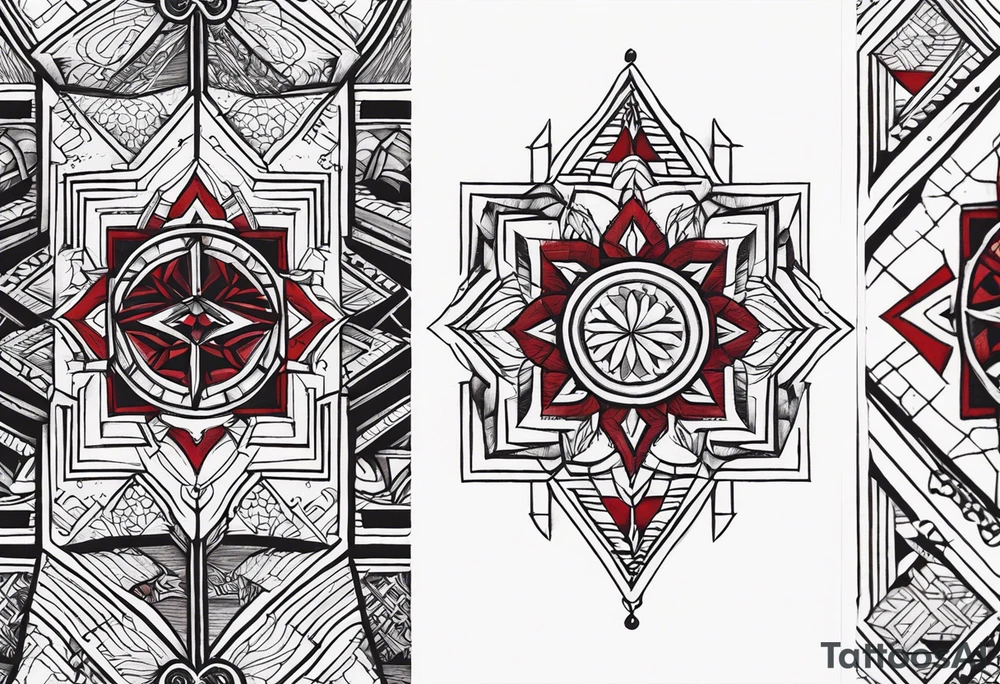 semi Detailed traditional knee tattoo flat on paper. The tattoo features geometric patterns and bold lines, creating a visually striking design with slight tints of deep red. tattoo idea