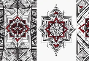 semi Detailed traditional knee tattoo flat on paper. The tattoo features geometric patterns and bold lines, creating a visually striking design with slight tints of deep red. tattoo idea