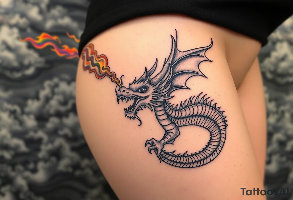 fierce dragon breathing iridescent fire against stormy skies tattoo idea