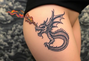 fierce dragon breathing iridescent fire against stormy skies tattoo idea